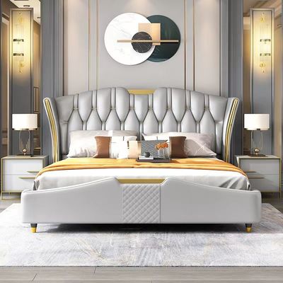 カスタマイズされたSize Bedroom Furniture Leather王の純木のベッド