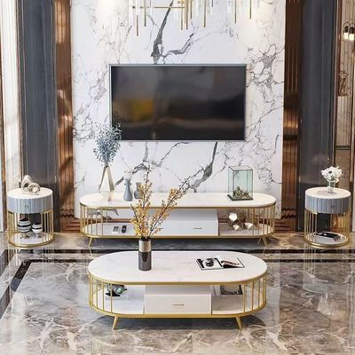 大理石の楕円形のホテルの部屋のキャビネットは金属TVの端テーブル媒体のキャビネットをくり抜いた